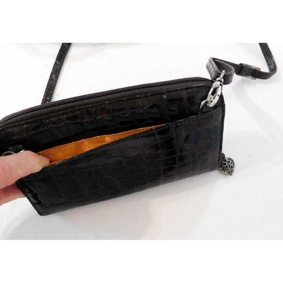 Brighton Cher Zip Wallet Brown Croc Emboss Patent Leather Adj. Removable Strap - Picture 10 of 11